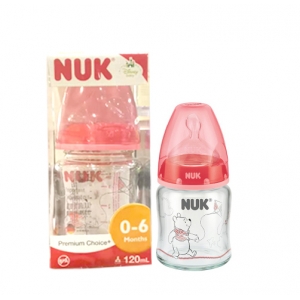 德国NUK迪士尼宽口耐高温玻璃彩色奶瓶120ml（0-6个月）初生型硅胶中圆孔M号