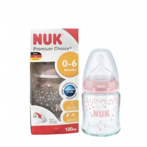 德国NUK宽口耐高温玻璃彩色奶瓶仿母乳防胀气1号120ml(0-6个月)初生型硅胶中圆孔M号